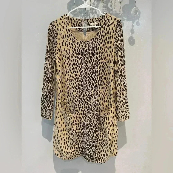 J. Crew Women's Leopard Print Shift Dress 8 Long Sleeve Front Pockets Lined - Picture 2 of 6